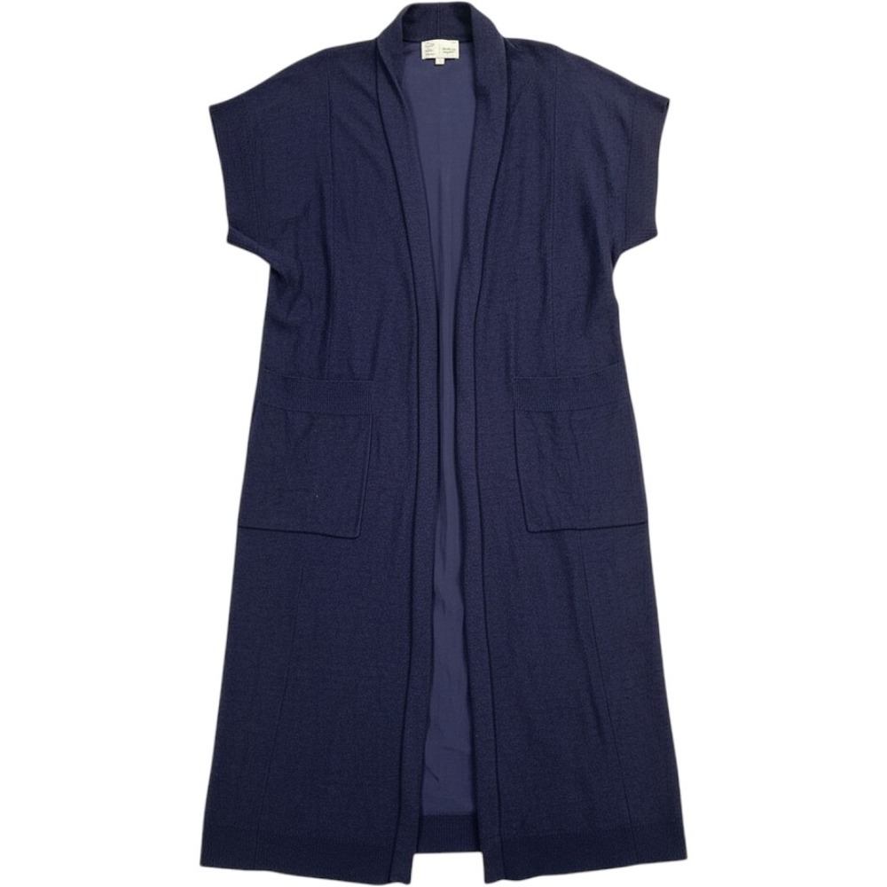 Saturday Sunday Anthropologie Navy Blue Linen Blend Longline Cardigan Vest O/S